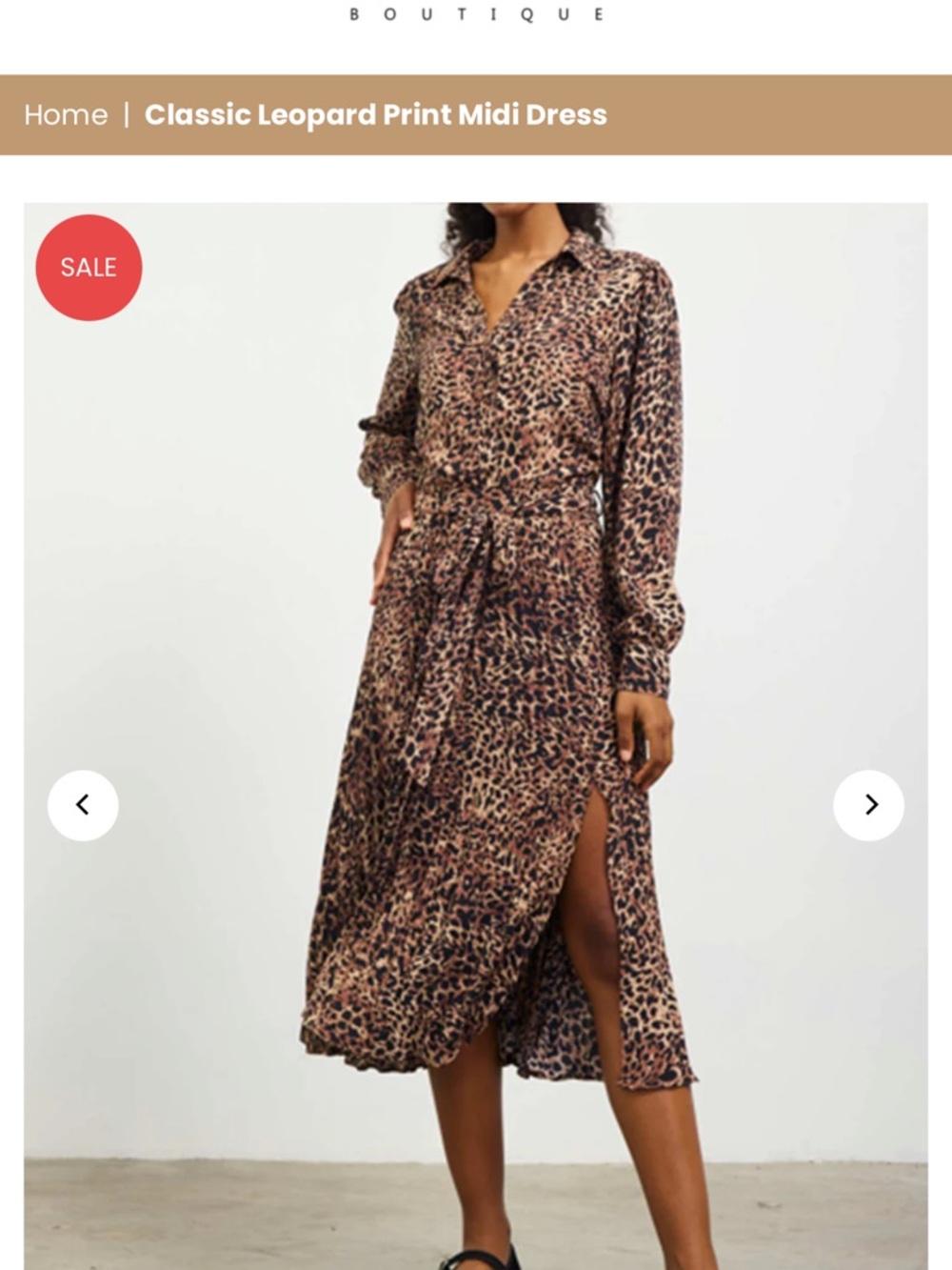 Leopard Print Midi Dress with Waist Tie - Brown/Black